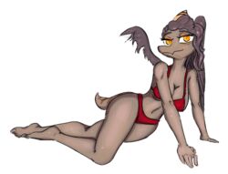  5_fingers anthro bikini bikini_bottom bikini_top bone_frill breasts cavemanon_studios cleavage clothed clothing curvy_figure extinct eyelashes feathered_wings feathers feet female fingers frill_(anatomy) goodbye_volcano_high grey_body grey_feathers grey_scales hair humanoid_feet long_hair looking_at_viewer markings mtf_crossgender naser_(gvh) nasera navel plantigrade pose prehistoric_species pterodactylus pterosaur red_bikini red_clothing red_swimwear reptile rule_63 scales scalie short_tail simple_background slight_smile snoot_game snout solo striped_markings striped_tail stripes swimwear tail tail_markings unknown_artist wet wide_hips wings yellow_eyes 