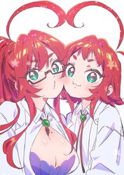  2girls :3 ahoge between_breasts black-framed_eyewear blush bolo_tie breasts cheek-to-cheek cleavage closed_mouth coat collared_shirt commentary_request dual_persona glasses green_eyes heads_together heart heart-shaped_pupils highres huge_ahoge kimi_no_koto_ga_dai_dai_dai_dai_daisuki_na_100-nin_no_kanojo lab_coat large_breasts long_hair looking_at_viewer mole mole_on_breast multiple_girls open_clothes open_coat partially_unbuttoned ponytail puckered_lips purple_shirt red_hair semi-rimless_eyewear shirt short_eyebrows short_hair simple_background smile star_(symbol) symbol-shaped_pupils thick_eyebrows under-rim_eyewear upper_body v-shaped_eyebrows white_background white_coat white_shirt yakuzen_kusuri yano_akane 