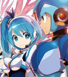  1boy android blue_eyes blue_hair breasts commentary cropped expressionless female girl_staring_at_guy&#039;s_chest_(meme) green_eyes helmet iikoao large_pectorals light_frown mega_man_(series) mega_man_x_(series) mega_man_x_dive meme mizuno_keisuke pectorals rico_(mega_man) side_ponytail small_breasts smile symbol-only_commentary third-party_edit x_(mega_man) 