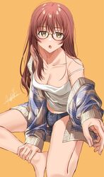  bare_legs bare_shoulders barefoot blue_panties breasts brown_eyes brown_hair cleavage female glasses hair_over_shoulder hand_on_own_foot highres jacket kukiha lace-trimmed_panties lace_trim legs long_hair long_sleeves looking_at_viewer medium_breasts mole mole_under_eye no_pants off_shoulder open_clothes open_jacket original outstretched_arm panties plaid plaid_jacket signature simple_background sitting solo strap_slip tank_top underwear white_tank_top yellow_background 