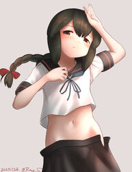  black_hair black_sailor_collar black_skirt blue_neckerchief braid brown_eyes dated female grey_background isonami_(kancolle) isonami_kai_ni_(kancolle) kantai_collection midriff navel neckerchief one-hour_drawing_challenge ray.s sailor_collar shirt sidelocks single_braid skirt solo twitter_username white_shirt 