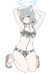  animal_ears armpits arms_behind_head bikini black_bikini blue_archive blue_eyes blue_halo blush breasts cleavage closed_mouth commentary commission cosplay extra_ears female floral_print full_body halo highres kneeling koharu_(blue_archive) koharu_(blue_archive)_(cosplay) koharu_(swimsuit)_(blue_archive) looking_at_viewer medium_breasts mismatched_pupils navel presenting_armpit print_bikini sandals shiroko_(blue_archive) simple_background solo stomach swimsuit t1kosewad thighs toes white_background wolf_ears 