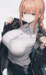  black_jacket black_pants braid braided_ponytail breasts chainsaw_man closed_mouth collared_shirt commentary_request female jacket kurono_mitsuki large_breasts makima_(chainsaw_man) open_clothes open_jacket orange_eyes paid_reward_available pants red_hair ringed_eyes shirt shirt_tucked_in sidelocks solo white_shirt 