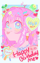  amauri_miruki antenna_hair bandaid bandaid_on_face bandaid_on_nose bare_shoulders blue_eyes blush border cherry closed_mouth cosmetics decora english_text faux_photograph female food fruit hair_intakes happy_birthday heart ice_cream_cone lightning_bolt_symbol lipstick_tube looking_at_viewer mirror oshiri_(o4ritarou) pink_hair polaroid pretty_series short_hair smile solo star_(symbol) star_in_eye stuffed_animal stuffed_toy symbol_in_eye teddy_bear tongue tongue_out upper_body waccha_primagi! white_border 