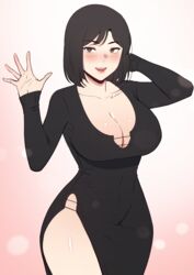  absurdres black_dress black_hair blush breasts brown_eyes carcass_(artist) chest_tattoo cleavage dress female hands_up highres large_breasts long_sleeves mole mole_under_mouth open_mouth original short_hair side_slit solo tattoo 