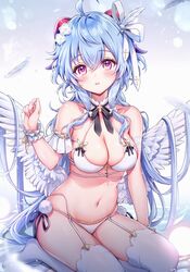  ahoge amaki_ruto blue_hair blush breasts cleavage collarbone feathered_wings feathers female fingernails full_body ganyu_(genshin_impact) genshin_impact hair_between_eyes highres long_hair looking_at_viewer navel parted_lips purple_eyes shadow sidelocks solo stomach thighs white_wings wings 