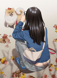  bag black_hair blue_footwear cellphone commentary denim downpants facing_animal facing_away female full_body grey_panties grey_pants jeans leaf leaf_on_head leash legs long_hair long_sleeves mattaku_mousuke original panties pants panty_peek phone pomeranian_(dog) shirt shoes shoulder_bag simple_background smartphone sneakers solo squatting taking_picture underwear white_bag yellow_leaves 