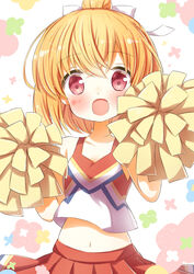  anne_happy blonde_hair blush bow cheerleader collarbone crop_top female hairbow hanakoizumi_an happy highres ichiyo12 looking_at_viewer midriff navel open_mouth pom_pom_(cheerleading) red_eyes red_skirt shirt short_hair skirt sleeveless sleeveless_shirt smile solo 