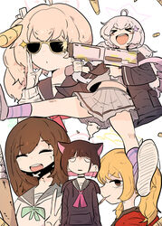  &gt;_&lt; 5girls :d ^_^ absurdres adjusting_eyewear after-school_sweets_club_(blue_archive) airi_(blue_archive) animal_ears baseball_bat blank_eyes blue_archive bullet cat_ears closed_eyes collage giving_up_the_ghost gun halo highres holding holding_gun holding_weapon kazusa_(blue_archive) midriff multiple_girls natsu_(blue_archive) reisa_(blue_archive) ryu_(ryu10733) school_uniform serafuku short_hair shotgun smile standard_manufacturing_dp-12 sunglasses weapon xd yoshimi_(blue_archive) 