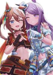  2girls absurdres animal_ears blue_eyes breasts brown_hair fingerless_gloves gloves hair_between_eyes hair_ornament heart heart_hands heart_hands_duo highres horse_ears horse_girl jtleeklm looking_at_viewer mejiro_mcqueen_(end_of_sky)_(umamusume) mejiro_mcqueen_(umamusume) midriff multiple_girls navel official_alternate_costume official_alternate_hairstyle one_eye_closed open_mouth purple_eyes purple_hair shorts small_breasts tokai_teio_(beyond_the_horizon)_(umamusume) tokai_teio_(umamusume) umamusume white_background 