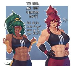  !? 2girls ? abs audrey_(buskhusker) bandaged_arm bandages black_sports_bra border breast_envy breasts dark-skinned_female dark_skin english_commentary english_text etta_(buskhusker) green_hair isabongos large_breasts multiple_girls muscular muscular_female navel open_mouth original ponytail red_eyes red_hair sharp_teeth sports_bra striped striped_sports_bra sweat teeth tongue twitter_username vertical-striped_sports_bra white_border 