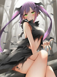  alternate_costume bat_hair_ornament black_shirt black_skirt blush breasts commentary_request crossed_legs damaged earrings female green_eyes grin hair_between_eyes hair_ornament halloween highres hololive jewelry looking_at_viewer medium_breasts outdoors pepushi_drow purple_hair shirt sitting skirt smile solo tokoyami_towa twintails virtual_youtuber 