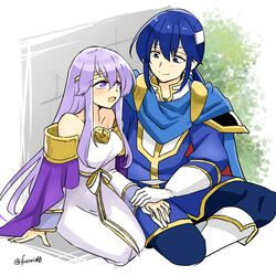  1boy bare_shoulders blue_cape blue_eyes blue_hair breasts brother_and_sister cape circlet dress female fire_emblem fire_emblem:_genealogy_of_the_holy_war headband holding holding_hands jewelry julia_(fire_emblem) long_hair looking_at_another open_mouth purple_cape purple_eyes purple_hair seliph_(fire_emblem) siblings sitting smile white_headband wide_sleeves yukia_(firstaid0) 