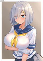  blue_eyes blush breasts female gloves grey_hair hair_ornament hair_over_one_eye hairclip hamakaze_(kancolle) highres kantai_collection large_breasts looking_at_viewer neckerchief pleated_skirt school_uniform serafuku shiromaru_(maniado) short_hair short_sleeves skirt smile solo white_gloves 