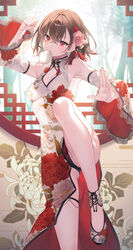  armpits baozi bare_shoulders black_hair breasts china_dress chinese_clothes closed_mouth crossed_bangs detached_sleeves dress female flower food food_in_mouth hair_between_eyes hair_flower hair_ornament hands_up highres leg_up long_sleeves looking_at_viewer medium_breasts novel_illustration official_art pink_flower red_eyes red_flower seiken_gakuin_no_maken_tsukai shary_corvette short_hair solo standing standing_on_one_leg toosaka_asagi wide_sleeves 