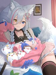  animal_ears artist_request bed black_socks blue_eyes breasts female highres kemomimi_refle! kneehighs large_breasts light_smile non-web_source on_bed ronomiya_hinagiku socks source_request tail virtual_youtuber yellow_eyes 