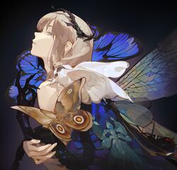  1boy adam&#039;s_apple androgynous animal aqua_eyes ask_(askzy) bare_shoulders black_background black_skin blanca_(fate) blue_butterfly brown_butterfly bug butterfly butterfly_wings centipede colored_skin crown dark_background dragonfly dragonfly_wings fate/grand_order fate_(series) fingernails gradient_skin hair_between_eyes holding holding_animal insect_wings looking_at_viewer looking_to_the_side male_focus moth nude oberon_(fate) orchid_mantis oversized_insect parted_lips profile sharp_fingernails sidelocks solo spider upper_body white_hair wings 