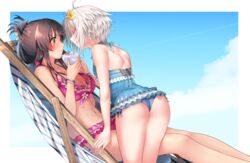  2girls 80mph ahoge ass beach_chair bikini black_hair blush bracelet breasts cleavage closed_eyes cloud cloudy_sky commentary couple cup day drink drinking drinking_glass drinking_straw flower folded_ponytail frilled_bikini frills glass green_eyes hair_flower hair_ornament hair_ribbon hand_on_another&#039;s_hand hand_on_another&#039;s_thigh itomi_sayaka jewelry leaning_forward long_hair multiple_girls nail_polish navel one-piece_swimsuit outdoors ribbon short_hair sitting sky sweat swimsuit toji_no_miko toned white_hair yanase_mai yuri 