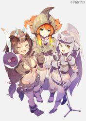  3girls ^_^ aguila closed_eyes glasses green_eyes grey_background holding holding_megaphone holding_microphone holding_microphone_stand looking_up megaphone miclas microphone microphone_stand midriff monster_girl multiple_girls navel orange_hair personification short_shorts shorts tomioka_jirou ultra_kaijuu_gijinka_keikaku ultra_series uninterested watermark windom yellow_eyes 