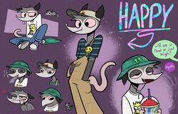  american_opossum anthro baseball_cap blep bottomwear clothing denim denim_bottomwear denim_clothing dialogue dialogue_box drugs english_text fishing_hat fur grey_body grey_fur half-closed_eyes happy_(happyroadkill) happyroadkill hat headgear headwear hi_res jeans long_sleeve_shirt male mammal marijuana marijuana_blunt marsupial model_sheet multicolored_body multicolored_fur narrowed_eyes open_mouth open_smile overalls pants pink_body pink_sclera pink_skin shirt slushie smile solo substance_intoxication t-shirt text tongue tongue_out topwear two_tone_body two_tone_fur wide_eyed 