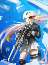  animal_ears bayonet big.c black_jacket female floating_hair from_side gun highres holding holding_gun holding_weapon jacket looking_ahead motion_blur photoshop_(medium) pixiv_fantasia pixiv_fantasia_new_world science_fiction skirt thigh_strap weapon white_hair white_skirt 