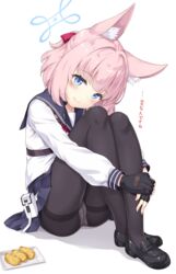  animal_ear_fluff animal_ears black_footwear black_gloves black_pantyhose black_sailor_collar black_skirt blue_archive blue_eyes blush closed_mouth female fingerless_gloves food fox_girl gloves halo highres hugging_own_legs inarizushi loafers long_sleeves looking_at_viewer niko_(blue_archive) paid_reward_available panties panties_under_pantyhose pantyhose pink_hair pleated_skirt sailor_collar school_uniform serafuku shirt shoes short_hair sitting skirt smile solo sushi thighband_pantyhose underwear white_background white_panties white_shirt yamasan 