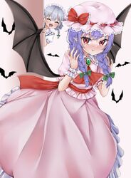  2girls alternate_hairstyle ascot bat_(animal) bat_wings blood blue_hair blush bow brooch closed_eyes commentary_request dress drooling frilled_dress frilled_hat frills gem green_gemstone grey_hair hair_ribbon hat hat_bow hat_ribbon highres izayoi_sakuya jewelry looking_at_viewer maid maid_headdress mob_cap multiple_girls nosebleed open_mouth peeping pink_dress pointy_ears pout puffy_short_sleeves puffy_sleeves purple_hair red_ascot red_bow red_eyes red_sash remilia_scarlet remitei03 ribbon sash short_sleeves touhou tress_ribbon twintails upper_body wings wrist_cuffs 