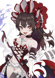  :d absurdres arm_belt axe bare_shoulders battle_axe black_choker black_hair black_thighhighs bonnet breasts brown_hair center_opening chains choker cowboy_shot dress elbow_gloves female fur-trimmed_gloves fur_trim gloves headdress highres holding holding_axe illya_(princess_connect!) illya_(small)_(princess_connect!) long_hair looking_at_viewer navel oerba_yun_fang open_mouth panties princess_connect! red_dress red_eyes red_headwear revealing_clothes showgirl_skirt sidelocks single_thighhigh skin_fang sleeveless sleeveless_dress small_breasts smile solo standing stomach thighhighs thighs torry912 underwear v-shaped_eyebrows weapon white_gloves white_panties 