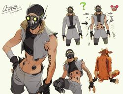  1boy animal_costume annoyed apex_legends arm_tattoo arrow_(symbol) beige_background black_gloves black_shirt character_name crop_top cropped_shirt cropped_vest dasher_octane double_bun exploding_clothes female fingerless_gloves gloves grey_vest hair_bun hand_on_own_hip iwamoto_zerogo leg_up lifeline_(apex_legends) mechanical_legs midriff multiple_views navel octane_(apex_legends) pink_hair prosthesis prosthetic_leg reindeer_costume shirt sitting tattoo vest 