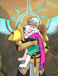  absurd_res angel anthro armor bovid caprine carrying_another closed_eyes clothing cross dailyralsei daww deltarune duo eyewear femboy gabriel_(ultrakill) glasses goat green_clothing green_robe hi_res horn hug humanoid male mammal new_blood_interactive ralsei robe scarf size_difference ultrakill undertale_(series) winged_humanoid wings 