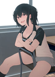  :d black_hair black_shirt breasts chair cleavage collarbone collared_shirt commentary_request desk earrings female grey_skirt hair_between_eyes highres indoors jewelry kemuri_haku long_hair looking_at_viewer medium_breasts miniskirt open_mouth original partial_commentary pleated_skirt purple_eyes school_chair shirt short_sleeves sidelocks sitting sitting_backwards skirt smile solo sweater_vest thighs twintails window 