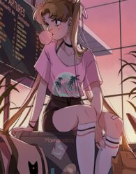  airport arm_support artist_name backlighting bag bandaid bandaid_on_knee bandaid_on_leg bishoujo_senshi_sailor_moon black_choker black_shorts blonde_hair blowing_bubbles blue_eyes bracelet chewing_gum choker clothes_writing commentary double_bun earrings english_commentary feet_out_of_frame female fingernails hair_bun highres jewelry kneehighs long_hair luggage luna_(sailor_moon) marmaladica pink_nails pink_shirt ring shirt short_sleeves shorts sitting socks solo t-shirt tan tanlines tsukino_usagi twintails very_long_hair white_socks 