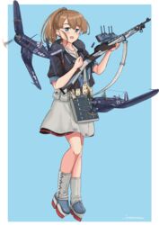  absurdres aircraft airplane apron bad_id bad_pixiv_id black_neckerchief black_shirt blue_background blue_eyes blue_neckerchief bolt_action boots brown_hair commentary_request f4u_corsair female flight_deck full_body grey_skirt gun highres intrepid_(kancolle) kantai_collection long_hair m1903_springfield miniskirt multicolored_neckerchief neck_pillow neckerchief ponytail rifle sagoromo_04 shirt skirt solo two-tone_background weapon white_background white_neckerchief 