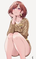  absurdres bare_legs blush brown_hair collarbone commentary_request earrings endo_yohane female gold_jacket hair_ornament hairclip hand_on_own_chin highres higuchi_madoka idolmaster idolmaster_shiny_colors jewelry long_sleeves looking_at_viewer mole mole_under_eye purple_eyes short_hair simple_background solo thighs white_background x_hair_ornament 