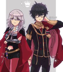  1boy alternate_color amamiya_ren armor black_hair byleth_(female)_(fire_emblem) byleth_(fire_emblem) cape cosplay edelgard_von_hresvelg edelgard_von_hresvelg_(cosplay) female fire_emblem fire_emblem:_three_houses garreg_mach_monastery_uniform glasses gloves highres kiriya_(552260) long_hair looking_at_viewer pantyhose persona persona_5 purple_eyes red_cape short_hair simple_background super_smash_bros. white_hair yellow_cape 