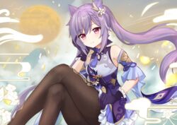  bare_shoulders black_pantyhose blush braid crossed_legs double_bun dress female frilled_dress frilled_sleeves frills genshin_impact gloves hair_bun hair_ornament hairclip kana_(kuaua) keqing_(genshin_impact) legs looking_at_viewer pantyhose purple_eyes purple_hair sitting smile solo twintails 