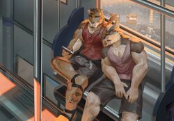  2019 anthro biceps canid canine canis city clothing digital_media_(artwork) domestic_dog duo eyewear felid feline fur glasses hi_res husky inside_train male mammal muscular nordic_sled_dog public_transportation spitz train vehicle wball 