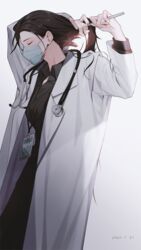  arms_up black_shirt breasts closed_eyes coat cutting_hair doctor female from_side holding km2o4 mask original shirt simple_background solo stethoscope white_background white_coat 