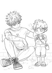  2boys arms_behind_back bag boku_no_hero_academia closed_mouth fatherly freckles greyscale headpat highres knees_up looking_at_another looking_down male_focus midoriya_izuku monochrome multiple_boys overalls sandals scar scar_on_arm shimano_katsuma shirt shoes short_hair shorts shoulder_bag sitting sneakers standing t-shirt wengwengchim 