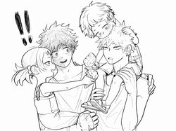  ! !! 3boys bakugou_katsuki bare_arms biting blush boku_no_hero_academia carrying collarbone drooling female food freckles greyscale hair_ornament happy highres holding ice_cream ice_cream_cone lolicon looking_at_another midoriya_izuku monochrome multiple_boys on_shoulder overalls scar scar_on_arm shimano_katsuma shimano_mahoro short_hair smile spiked_hair wengwengchim 