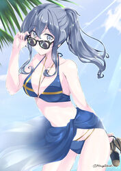  adjusting_eyewear alternate_costume alternate_hairstyle bikini blue_bikini blue_hair blue_sarong blue_sky breasts cloud collarbone commentary_request cowboy_shot day female flag_print gotland_(kancolle) jewelry kantai_collection leaning_forward light_rays long_hair looking_at_viewer looking_over_eyewear medium_breasts mikage_takashi mole mole_under_eye necklace outdoors palm_tree sarong shoes sky solo standing sunbeam sunglasses sunlight swedish_flag_bikini swedish_flag_print swimsuit tree twitter_username unworn_shoes variant_set 