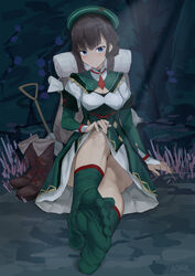  absurdres aomoro arm_support backpack bag blue_eyes blush boots breasts brown_footwear brown_hair cleavage commentary_request convenient_leg dress embarrassed feet female foreshortening genshin_impact gold_trim green_dress green_headwear green_socks hair_bun highres juliet_sleeves legs long_sleeves looking_at_viewer medium_breasts medium_hair no_shoes on_ground puffy_sleeves sidelocks sitting socks soles solo thighs toes unworn_boots zhiqiong_(genshin_impact) 