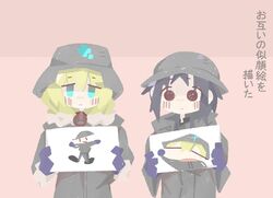  2girls aqua_eyes black_hair blonde_hair blush_stickers chito_(shoujo_shuumatsu_ryokou) commentary drawing gloves helmet highres holding military military_uniform multiple_girls naaga_sonomono shoujo_shuumatsu_ryokou simple_background solid_circle_eyes twintails uniform yuuri_(shoujo_shuumatsu_ryokou) 