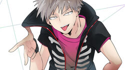  1boy black_wristband dabu_(dabuchan) grey_eyes grey_hair highres kemono_jihen looking_at_viewer male_focus pink_shirt shirt short_hair short_sleeves skeleton_print solo tademaru_shiki tongue tongue_out upper_body white_background 