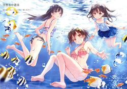  3girls absurdres air_bubble animal anthias_(fish) ass bare_arms bare_shoulders barefoot bikini black_bikini black_hair blue_shirt blue_skirt blush bracelet breasts bubble butterflyfish cleavage closed_mouth feet fish floating_hair floral_print freediving front-tie_top fukahire_(ruinon) grin hair_ornament halterneck highres jewelry light_rays long_hair looking_at_viewer medium_breasts miniskirt mismatched_bikini multiple_girls navel ocean original parted_lips pink_bikini plaid scan school_of_fish shirt short_hair side-tie_bikini_bottom skirt sleeveless sleeveless_shirt smile sorai_kanami sorai_mahiru_(fukahire) sorai_yuuka star_(symbol) star_hair_ornament sunlight swimsuit thighs tropical_fish two_side_up underwater water 