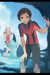  1boy :d bike_shorts black_hair black_shorts blue_sky blurry blurry_background bow_hairband bracelet brendan_(pokemon) brown_hair cloud day female floating_hair grey_eyes hair_ribbon hairband hand_on_own_knee highres holding_hands jacket jewelry leaning_forward long_hair looking_at_viewer marill marshtomp may_(pokemon) open_mouth outdoors pokemon pokemon_(creature) pokemon_oras red_hairband red_jacket red_ribbon red_shirt ribbon shirt short_sleeves shorts shorts_under_shorts sky sleeveless sleeveless_shirt smile striped striped_ribbon white_shorts yukin_(es) zipper 