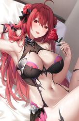  ahoge arm_up armpits bare_shoulders bed bow breasts cleavage demon_girl double_bun erze_(king&#039;s_raid) fangs female flower hair_bun hairbow hand_up highres holding king&#039;s_raid large_breasts long_hair looking_at_viewer midriff navel on_bed open_mouth pillow red_eyes red_hair revealing_clothes rose sleeveless smile solo suzuame_yatsumi swimsuit thighhighs thighs 