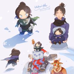  2boys alternate_costume animal_costume animification apex_legends bear_costume blue_eyes brown_hair brudda_bear_gibraltar chibi dasher_octane female gibraltar_(apex_legends) goggles googly_eyes green_scarf hair_bun holding iwamoto_zerogo looking_ahead looking_to_the_side looking_up multiple_boys multiple_views octane_(apex_legends) on_head person_on_head purple_sweater reindeer_costume scarf single_hair_bun snow surprised sweater wraith_(apex_legends) x_x 