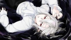  1boy androgynous ascot black_background dabu_(dabuchan) hair_between_eyes highres kemono_jihen long_sleeves lying male_focus medium_hair mihai_florescu on_back partially_submerged pointy_ears red_eyes shirt solo vampire water white_hair white_shirt 