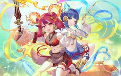  2girls :d animal_ears bare_shoulders bike_shorts bike_shorts_under_skirt blue_eyes blue_hair blunt_bangs blush breasts cat_ears cat_tail choker closed_mouth commentary_request crop_top detached_sleeves duel_monster fake_animal_ears fiery_ears fiery_tail fire full_body green_background grey_skirt ha-re_the_sword_mikanko hair_between_eyes hands_up highres holding holding_hands holding_smoking_pipe holding_sword holding_weapon hsin jingle_bell_earrings long_hair looking_at_viewer medium_breasts midriff mouse_ears mouse_tail multicolored_hair multiple_girls navel ni-ni_the_mirror_mikanko one_eye_closed open_mouth partial_commentary red_choker red_eyes red_hair see-through see-through_skirt shoes short_hair sidelocks skirt smile smoking_pipe sword tail thighhighs twintails vest weapon white_footwear white_thighhighs white_vest yu-gi-oh! 